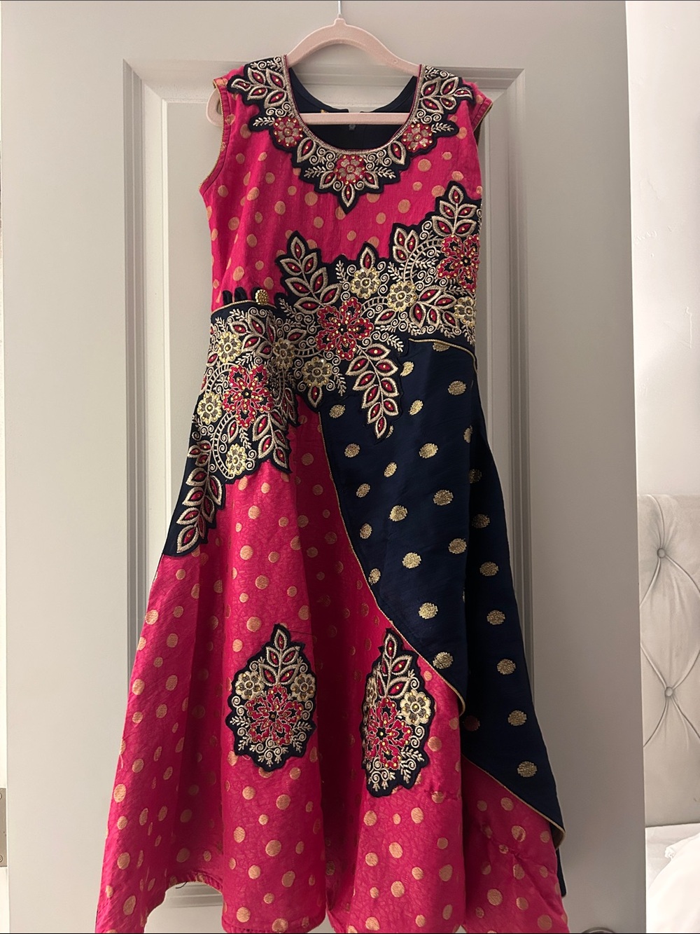 Girls' Pink and Navy Embroidered Party Dress
